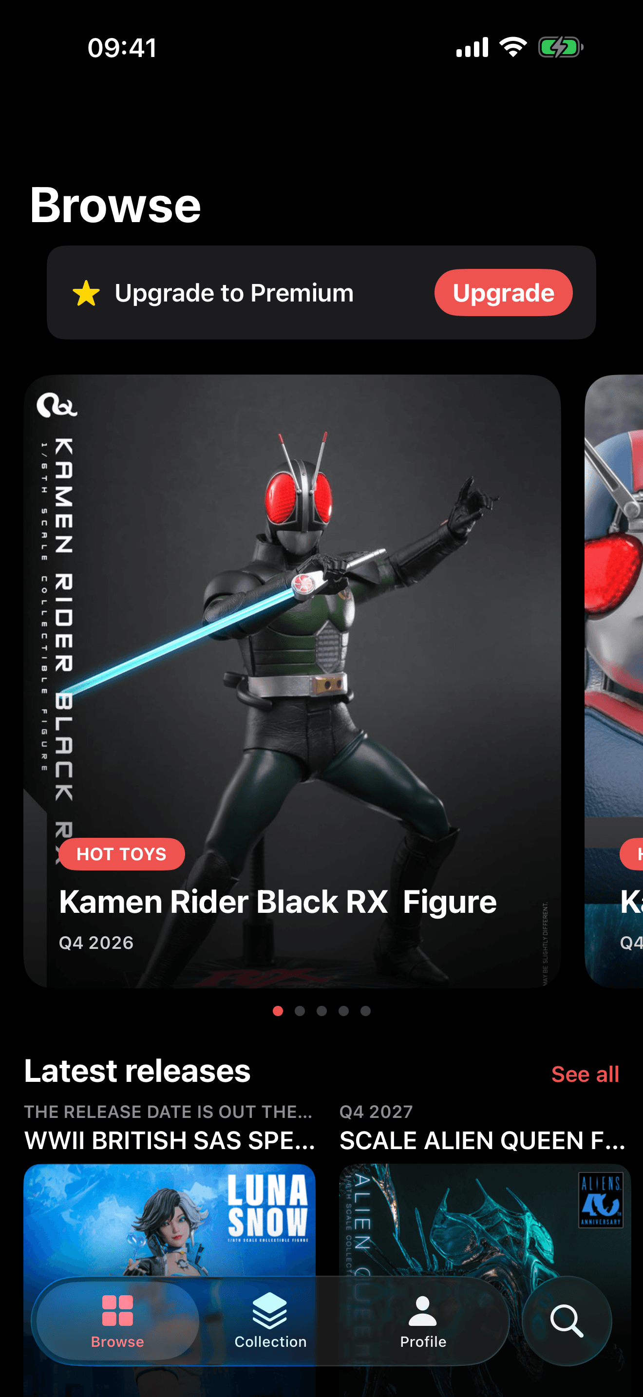 Sixth Scale Vault Browse screen showing the latest 1/6-scale figure releases